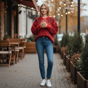 Jamie Scott Sweater VTG 80s 90s M Red Geometric Maximalist Retro Grandpa Sweater